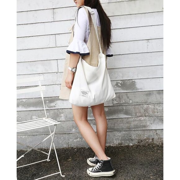 Women's White Imported Canvas Retro Large Size Shoulder Crossbody Tote Bag - Picture 4 of 4